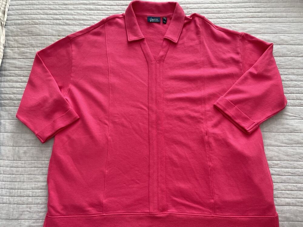 Denim & Co. Beach 4X Summer Pink Regular Tideline Terry Split Neck Tunic D12
